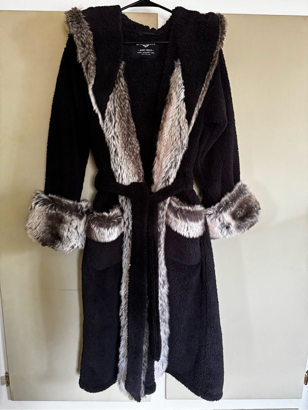 SpiritHoods Black Hooded Robe with Gray Faux Fur Trim